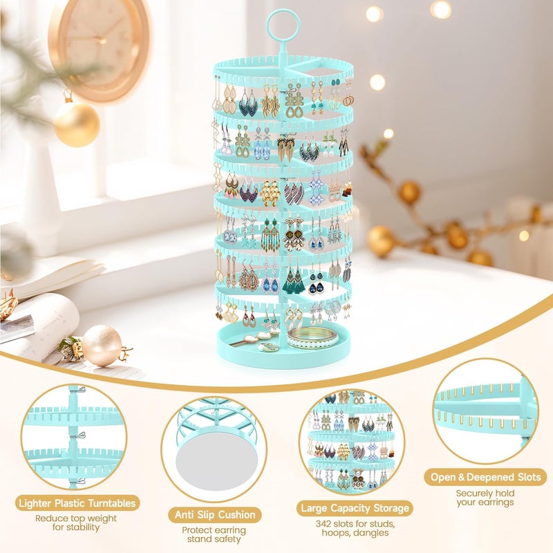 MODOWEY 6 Tier Rotating Earring Holder Organizer Display Tree with Metal Tray, Adjustable Plastic Stand with 342 Slots for Stud Hoop Hanger, Large Capacity Storage Rack for Women Space-Saving, Blue - Image 5